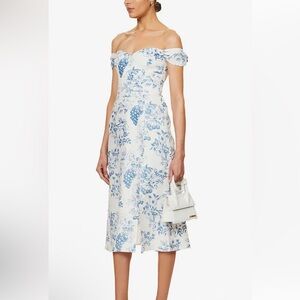 Reformation Off-Shoulder Midi Dress Bridgton Floral-Print Linen Midi Dress. US 6